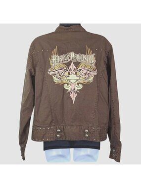 Harley-Davidson Womens Brown Studded Jacket W Embroidered Logo Back Zip Front Lg